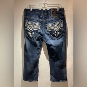 Rock Revival Jeans boot Men 34x31 Dark Wash Heavy Stitch Embroidered